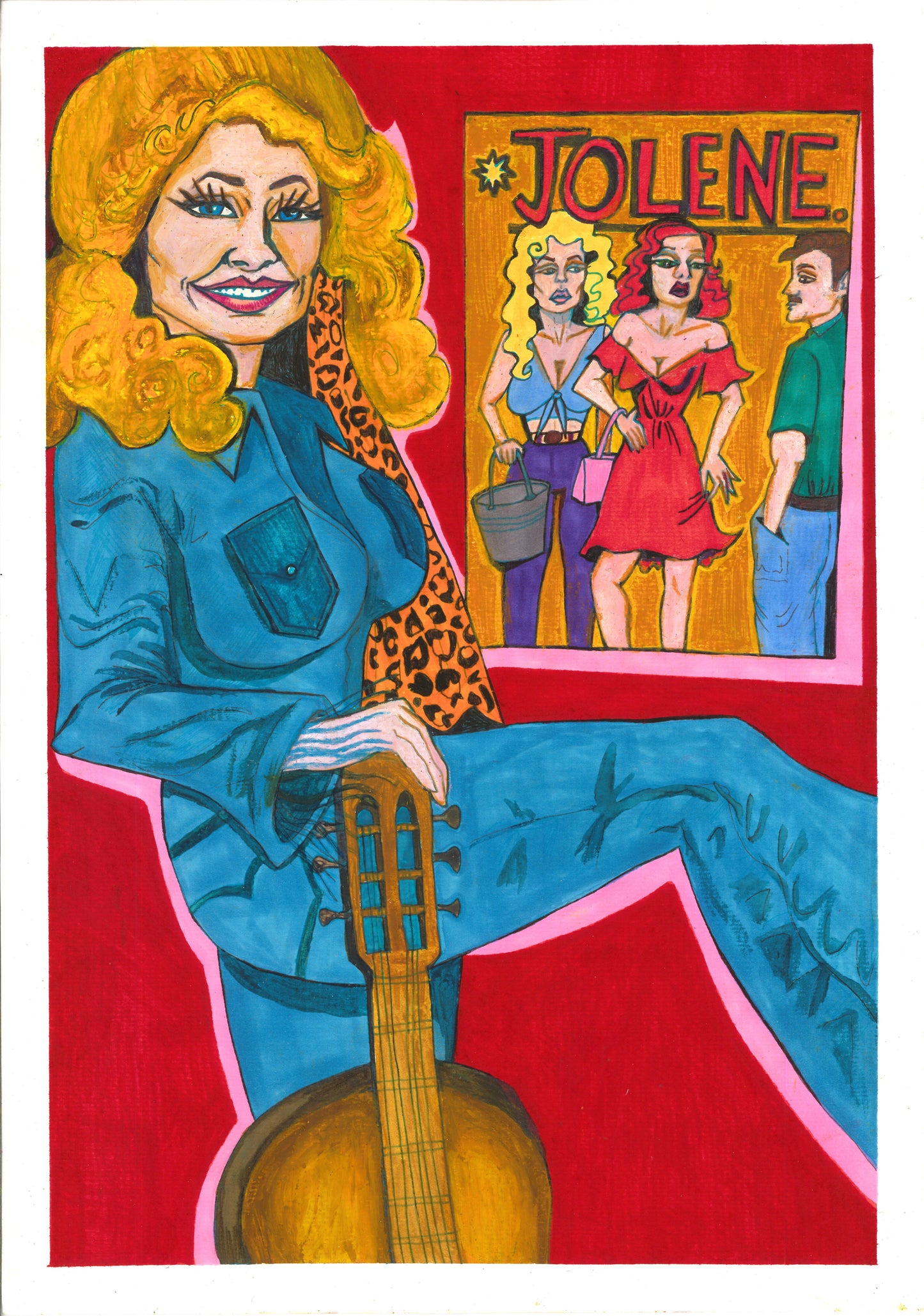 Colorful illustration of a woman with blonde hair, blue dress, and guitar, with 'Joleene' poster in the background.