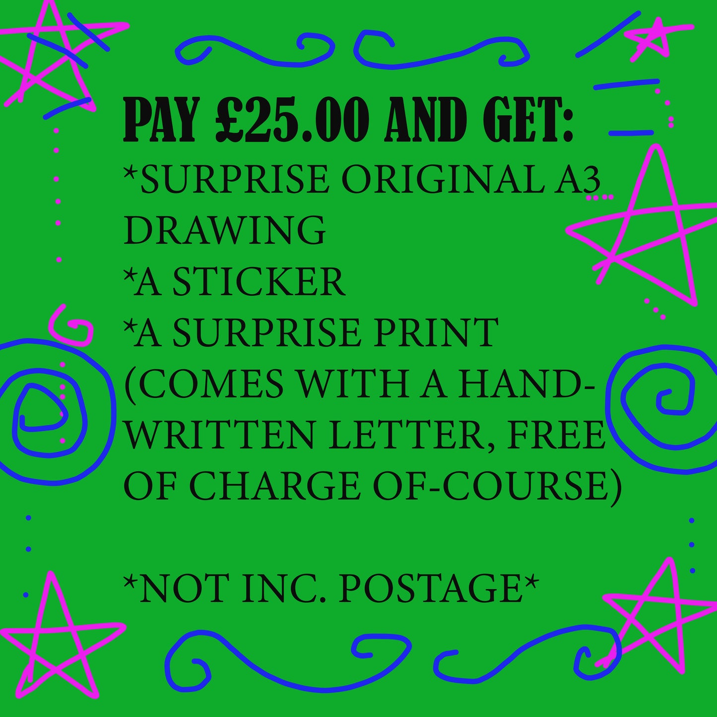 Advertisement image for an art bundle package, featuring text outlining the offer details and decorated with colorful stars and swirls on a green background.