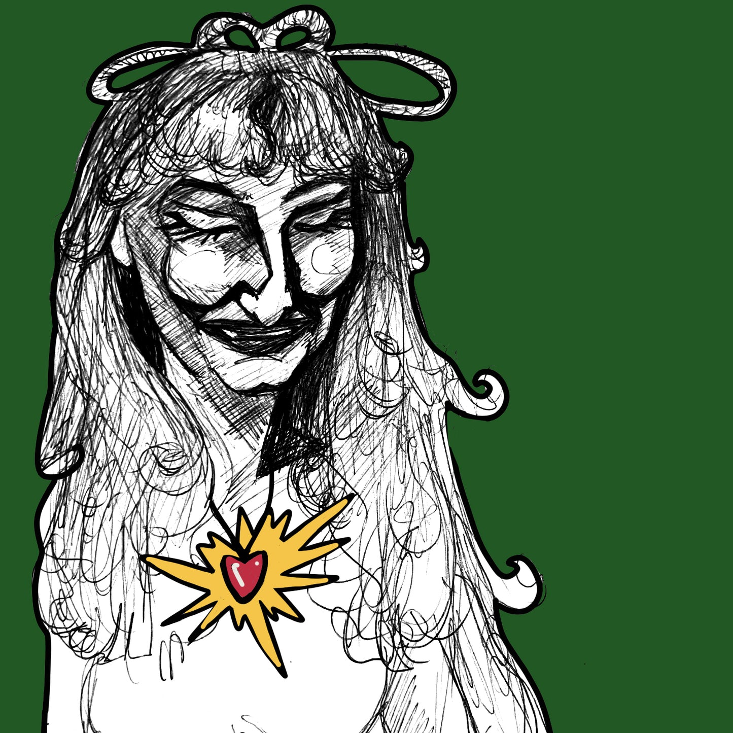 Black and white illustration of a character with long hair and a beaming heart on a green background
