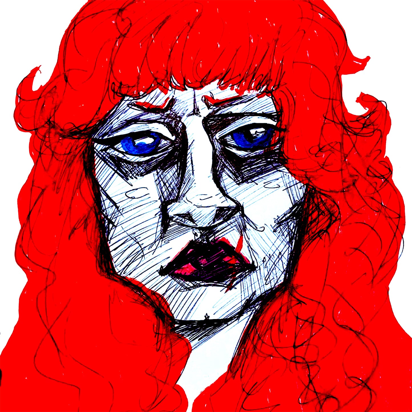 Artistic illustration of a character with red hair and blue eyes on a white background