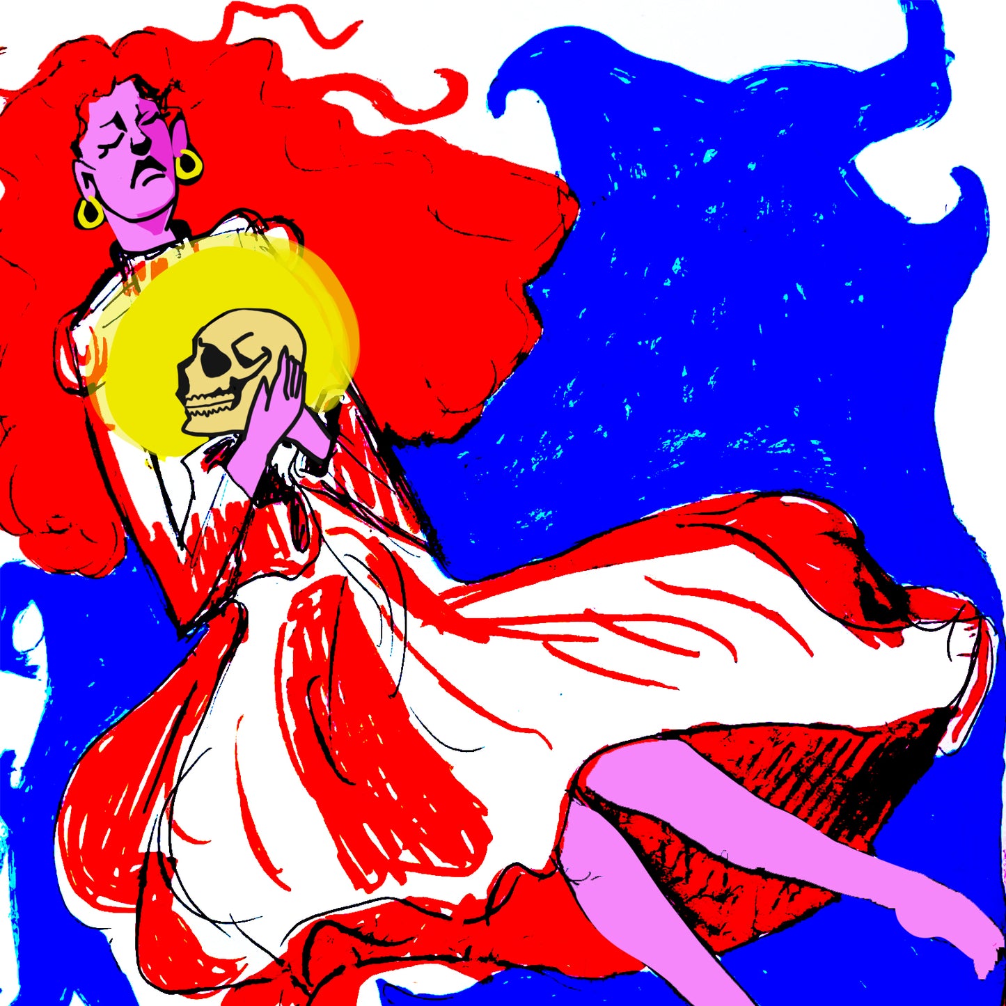 Colorful abstract artwork with a woman holding a skull, set against a blue and red background.
