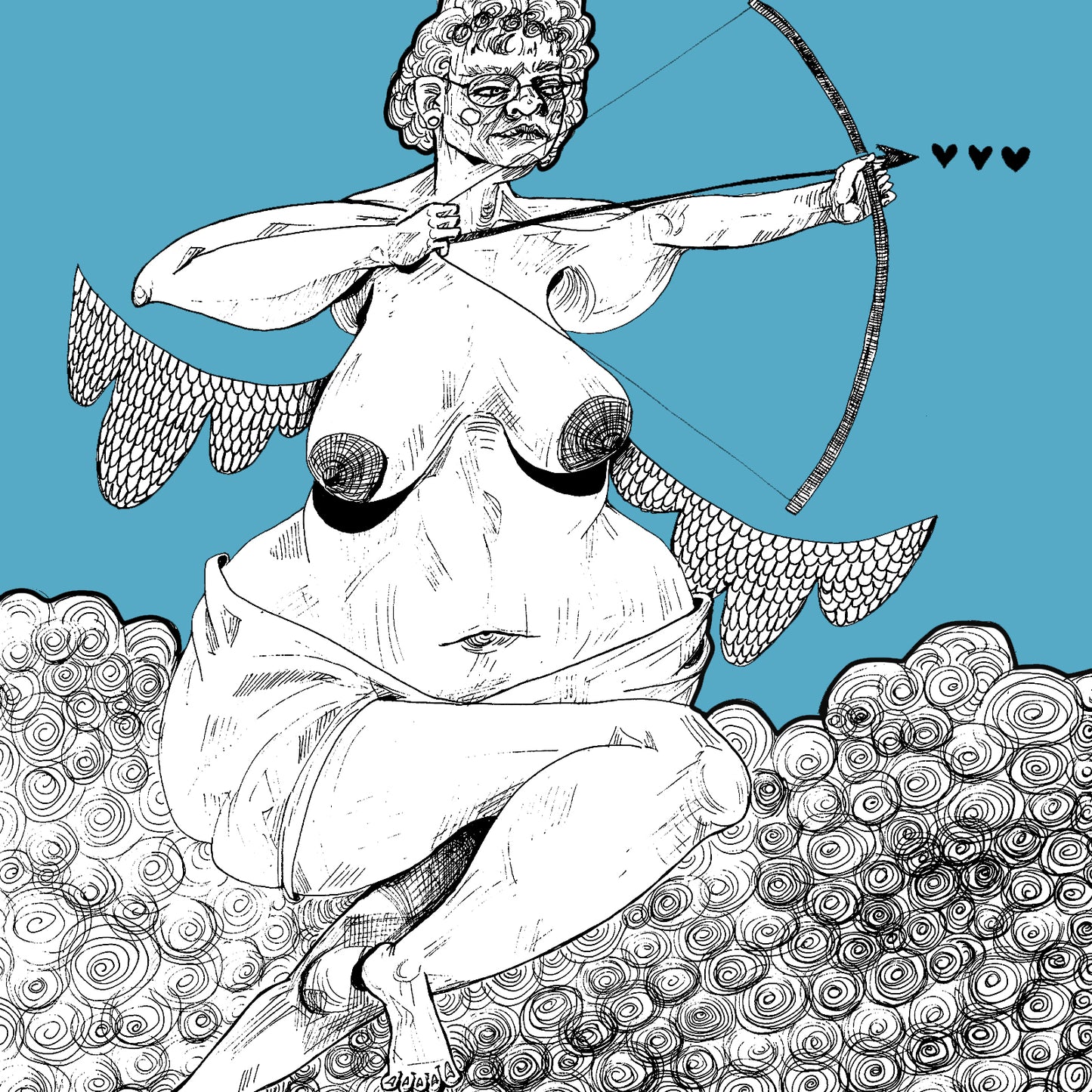 Black and white illustration of a winged figure with a bow on a blue background