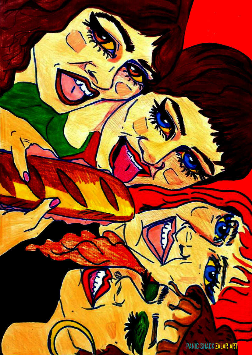 an expressive drawing of PANIC SHACK, 4 women of a punk band local to cardiff, all pretending to eat the same baguette as a hint to their song 'meal deal'. Red background.