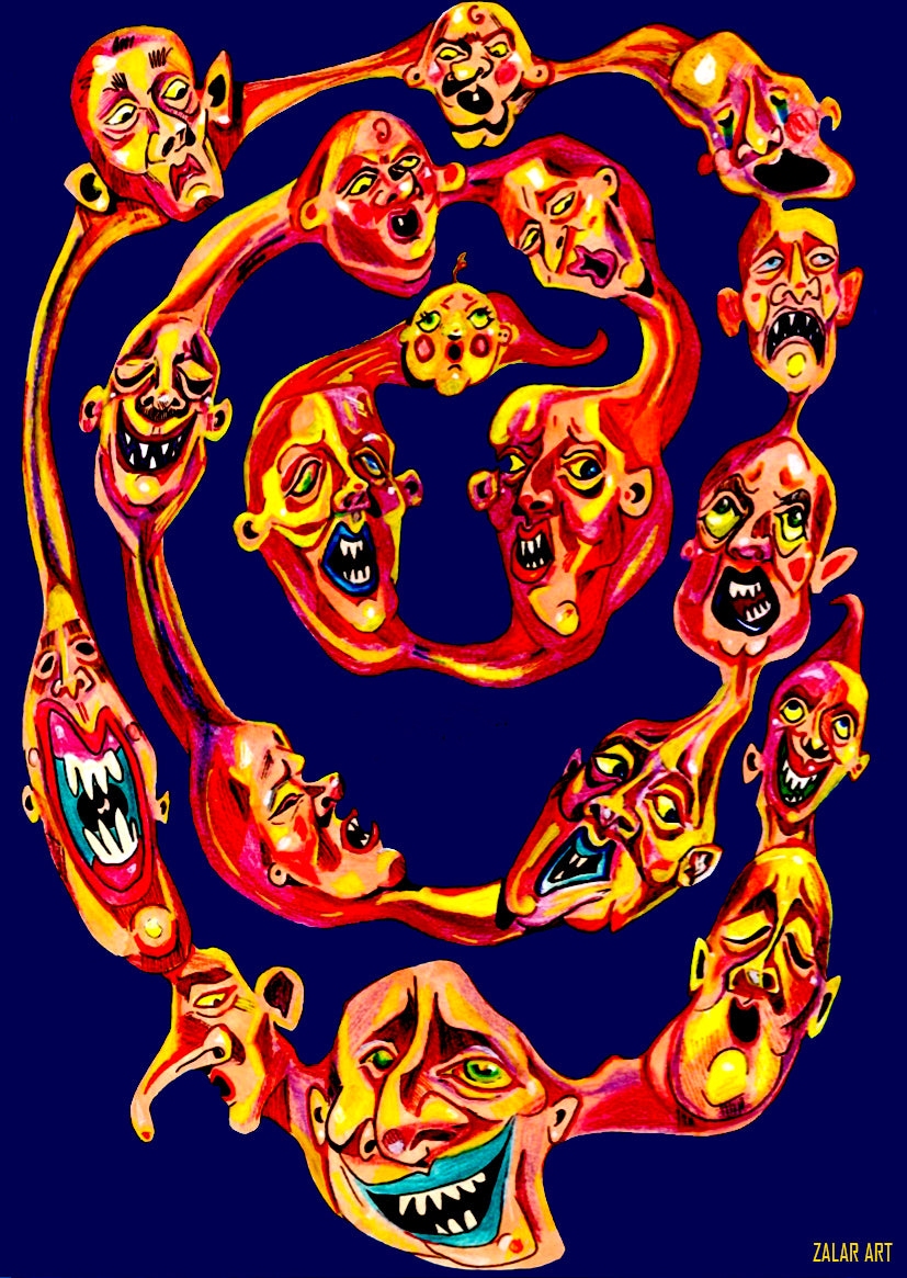 An artist interpretation of the concept of 'the chain'. with vibrant colours, a blue background and very dramatic faces swirling around in a chain.