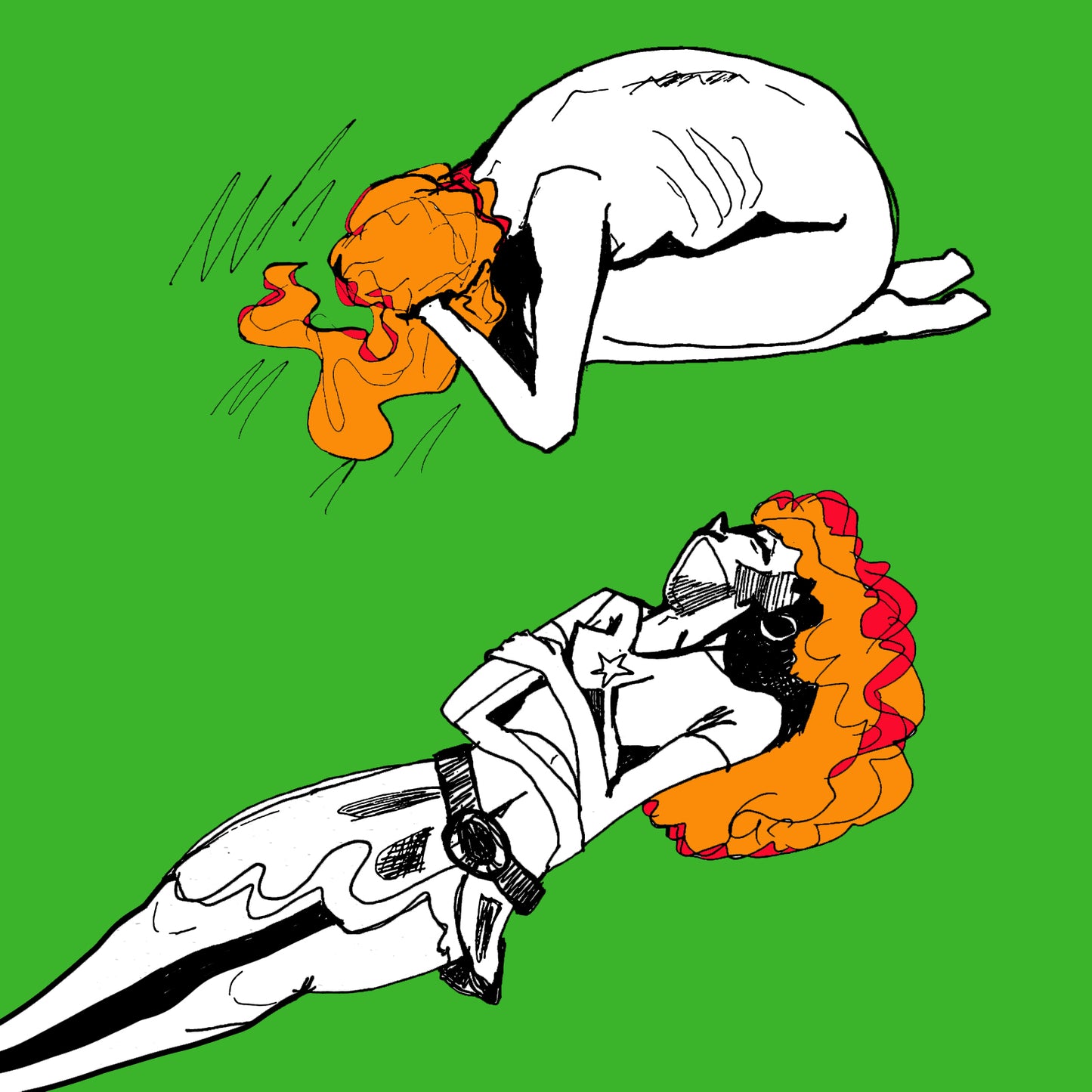 Illustration of a woman laying in the grass with orange hair on a green background