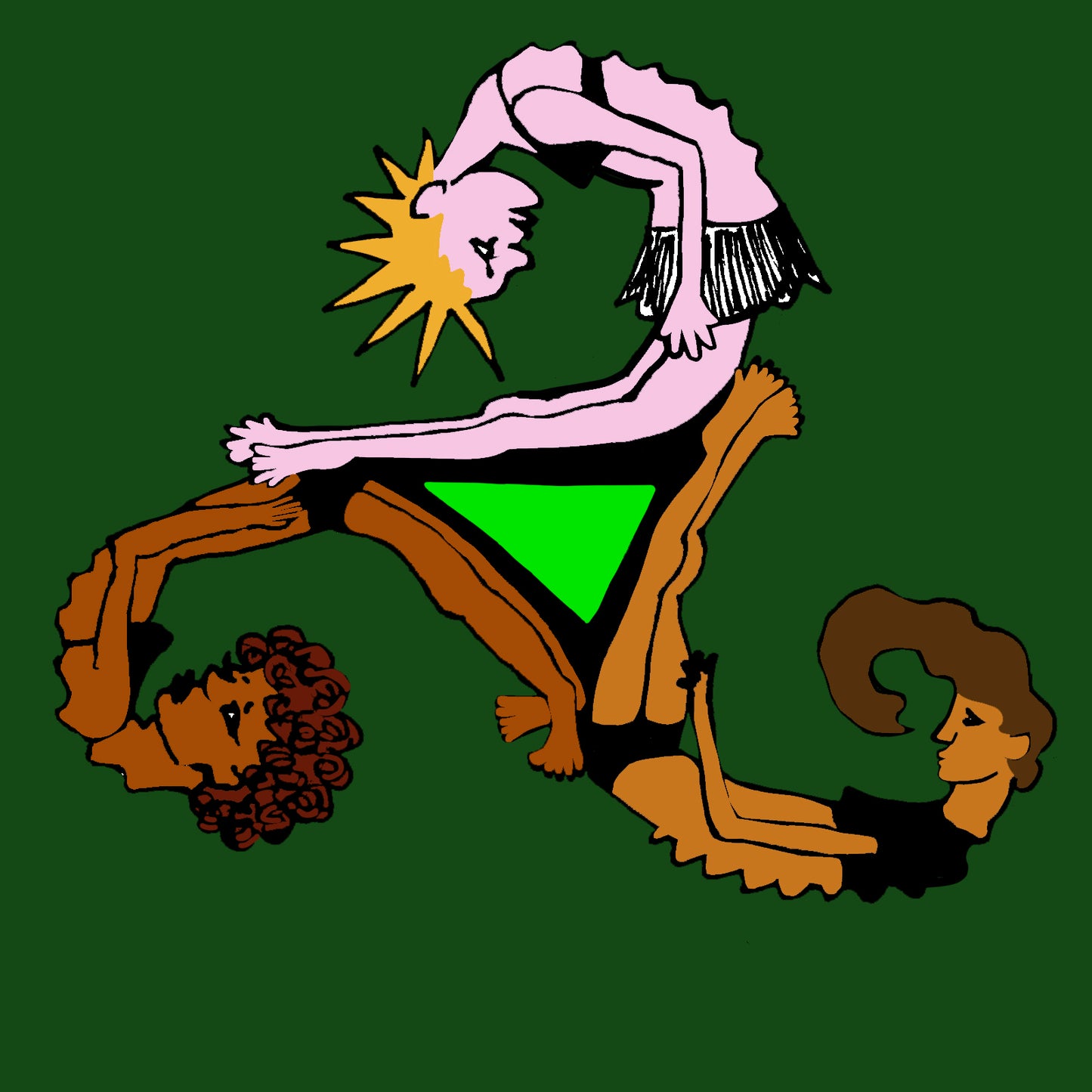 Colorful illustration of a person in a yoga pose with a green triangle on a dark green background