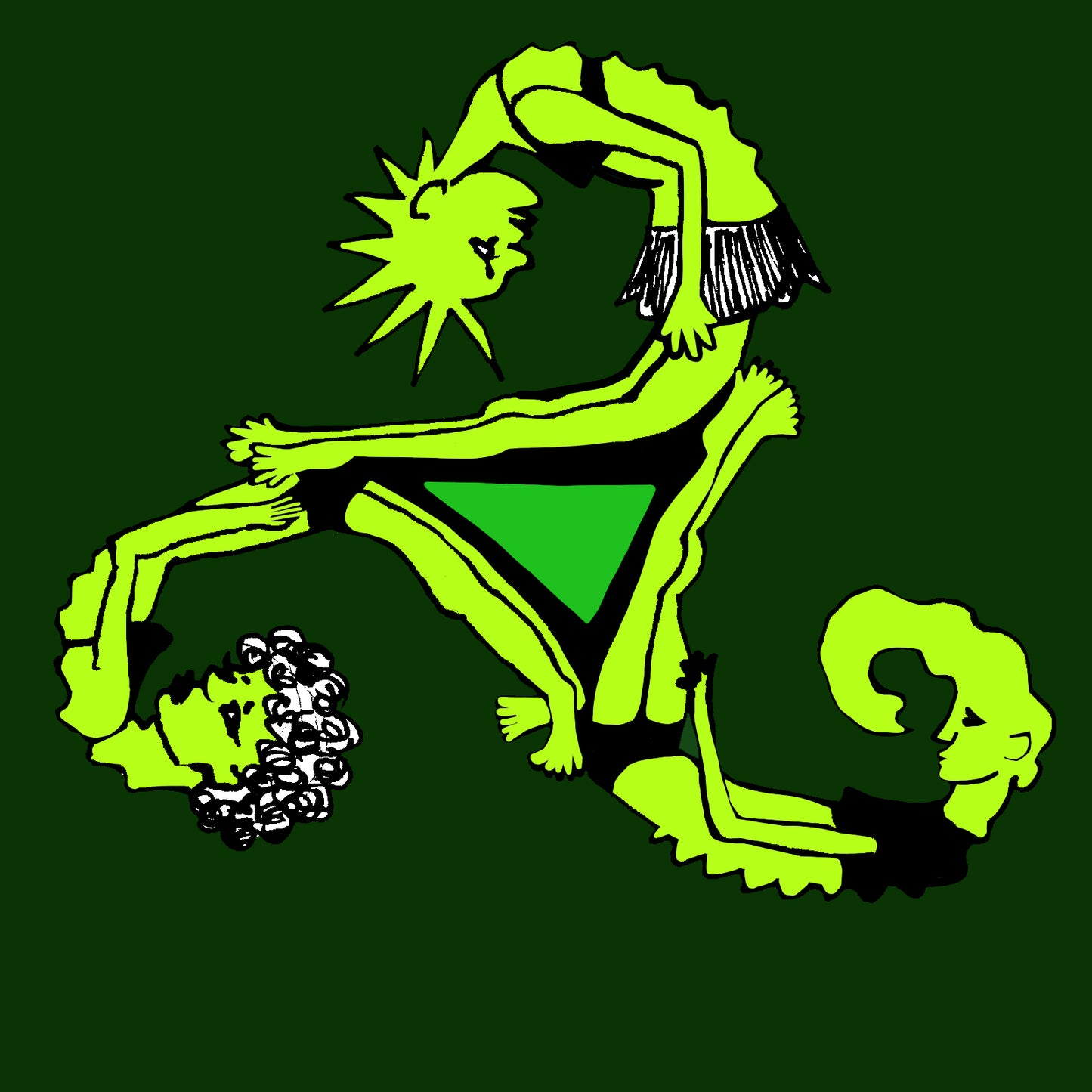 triskelion design with three women forming the triskele shape in a cartoon style. on a dark green background, the women are painted bright yellow to insinuate being interconnected and sentient.