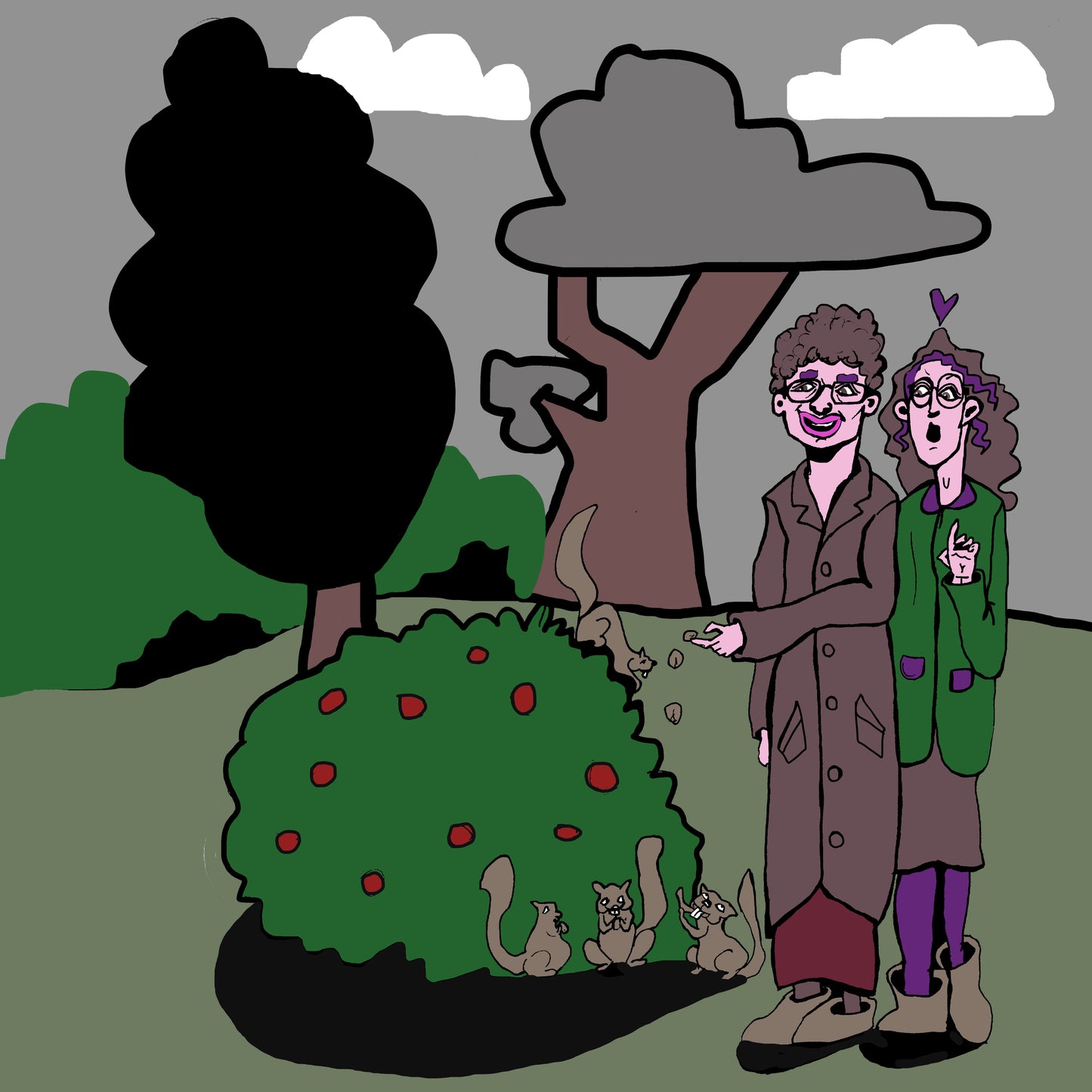 Cartoon-style illustration of two people standing next to a bush with berries, with trees and a cloud in the background. feeding squirrels walnuts.