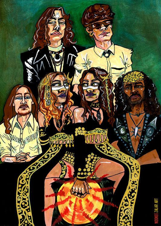 Illustration of a group of people with a central figure holding a flaming object, set against a green background.