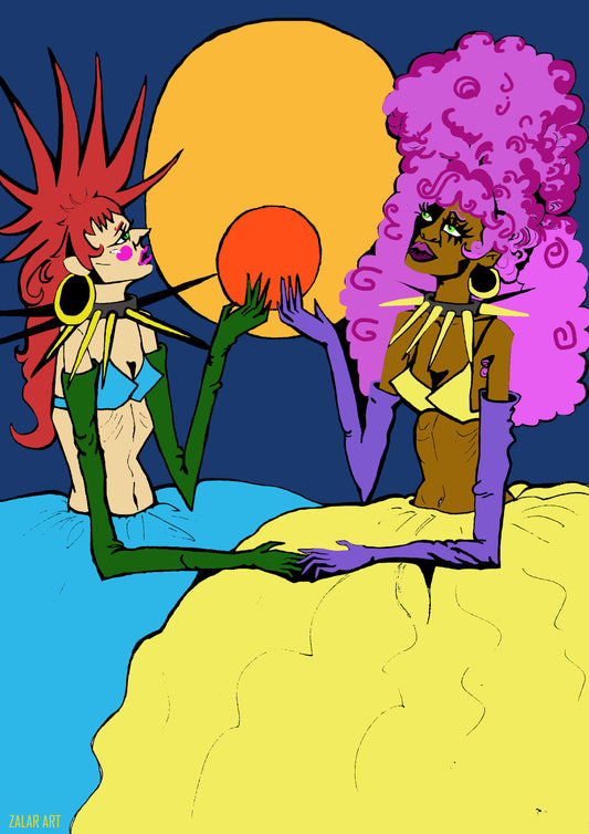 Two animated characters with vibrant hair colors interacting with a colorful sun and cloud.