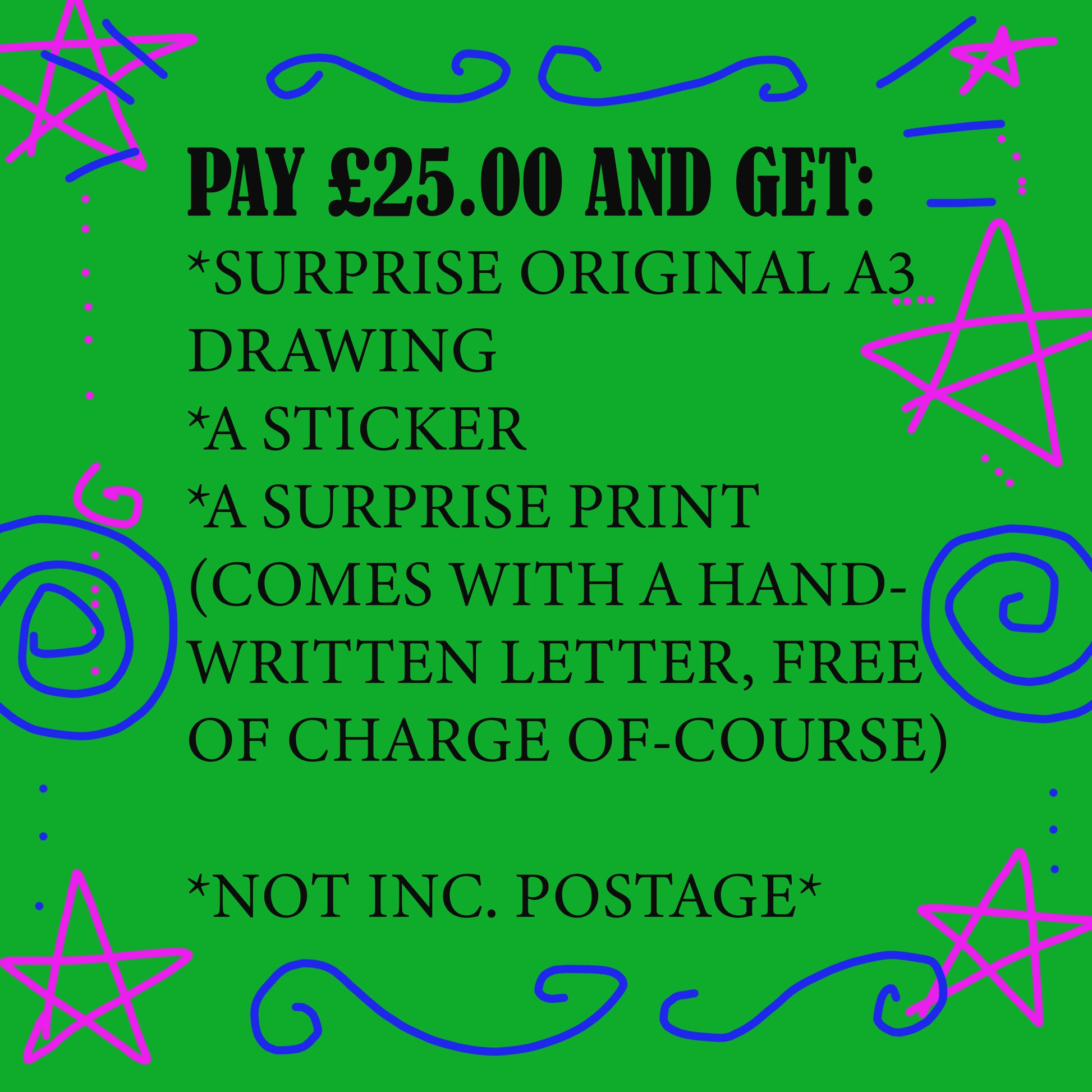Advertisement image for an art bundle package, featuring text outlining the offer details and decorated with colorful stars and swirls on a green background.