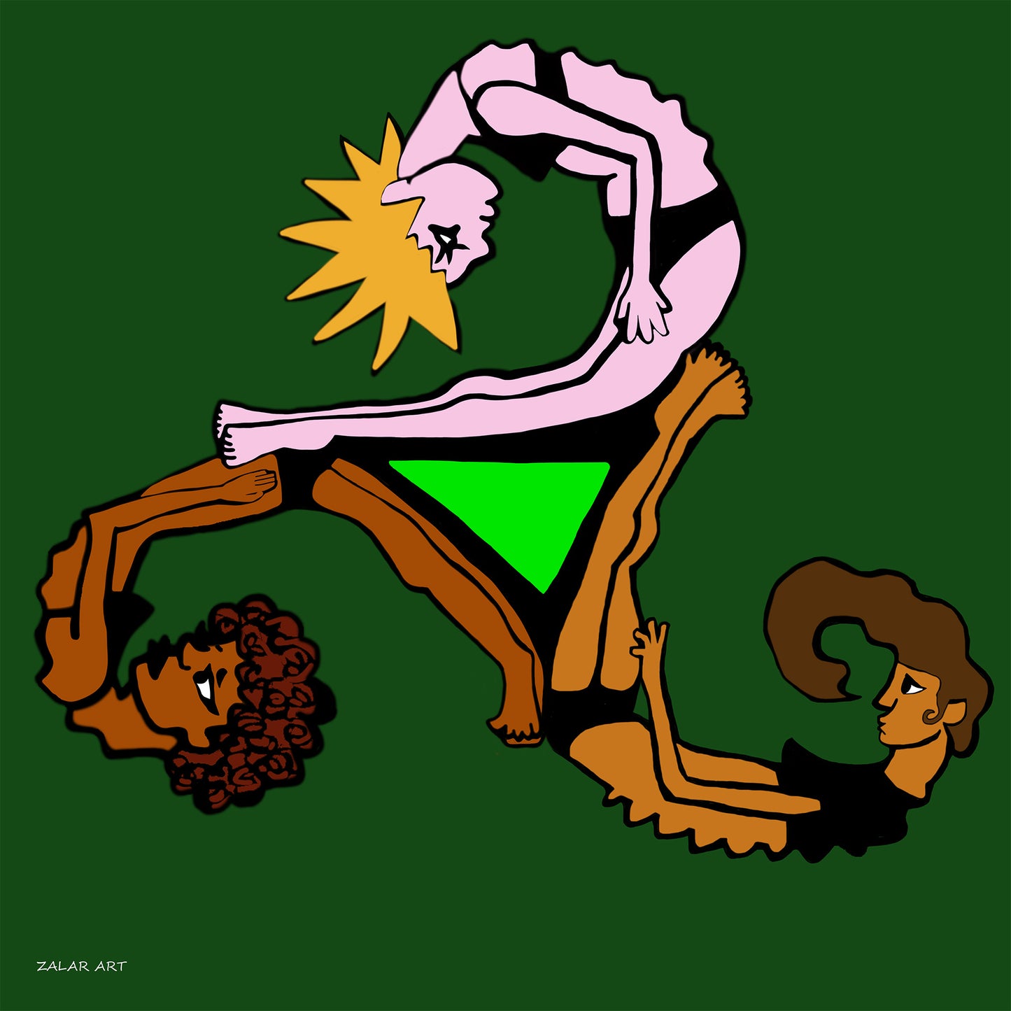 Artistic depiction of a stylized figure with a green triangle, pink arm, and brown legs on a green background. The triskelion. The triskele, interpreted by an immersive artist.