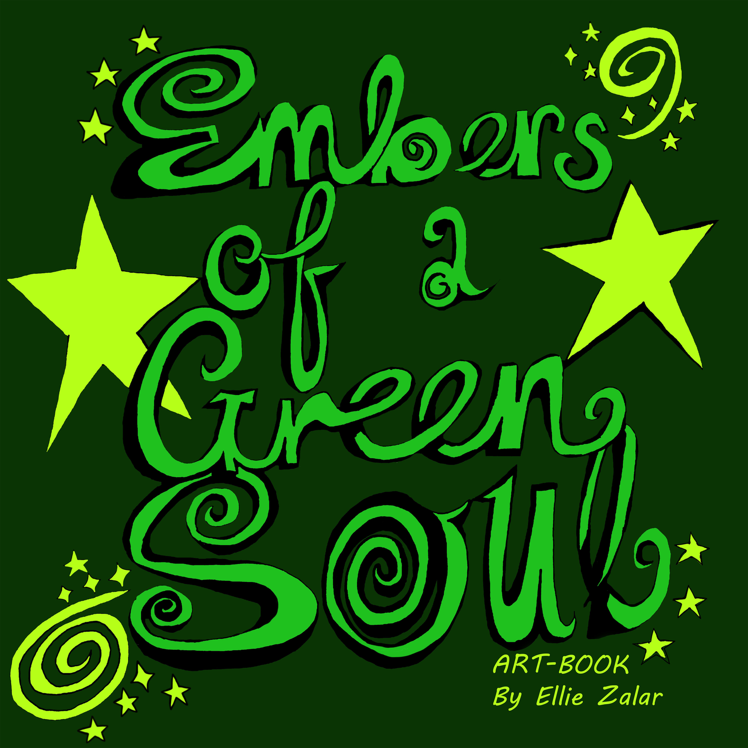 Book cover with green text 'Embers of a Green Soul' and stars on a green background