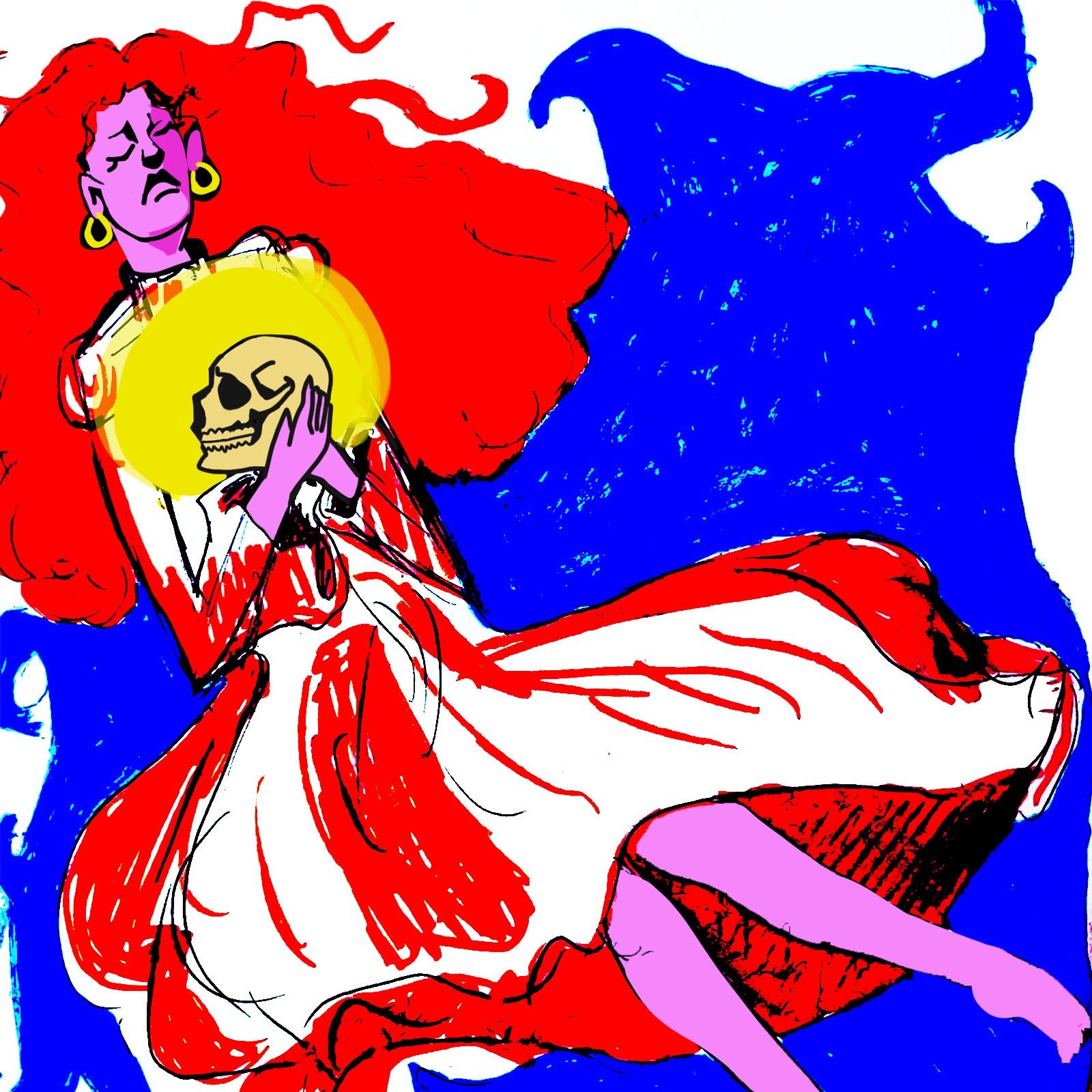 Colorful abstract artwork with a woman holding a skull, set against a blue and red background.