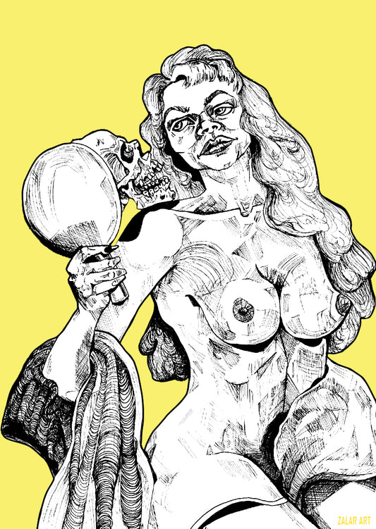 Black and white illustration of a woman holding a skull on a yellow background