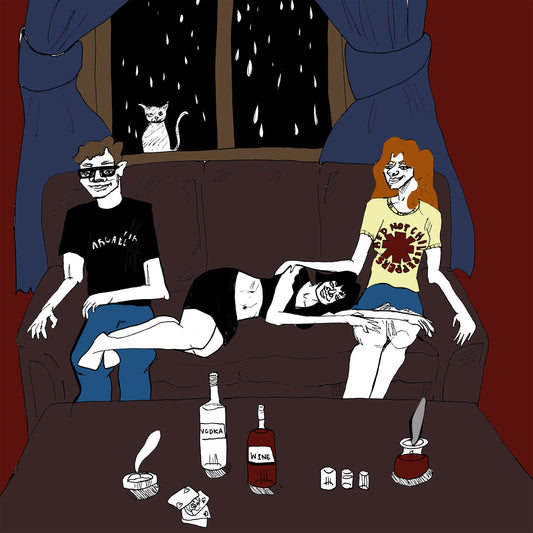 Illustration of a group of people on a couch with bottles and cards on a table, under a window with falling raindrops and a cat waiting to be let in outside the window.
