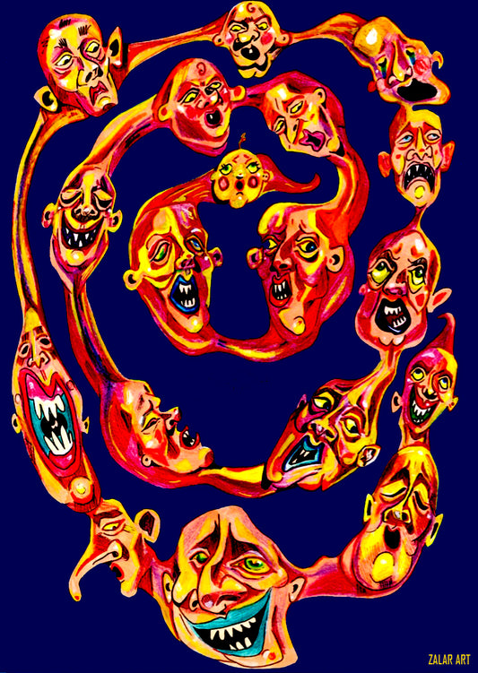 An artist interpretation of the concept of 'the chain'. with vibrant colours, a blue background and very dramatic faces swirling around in a chain.